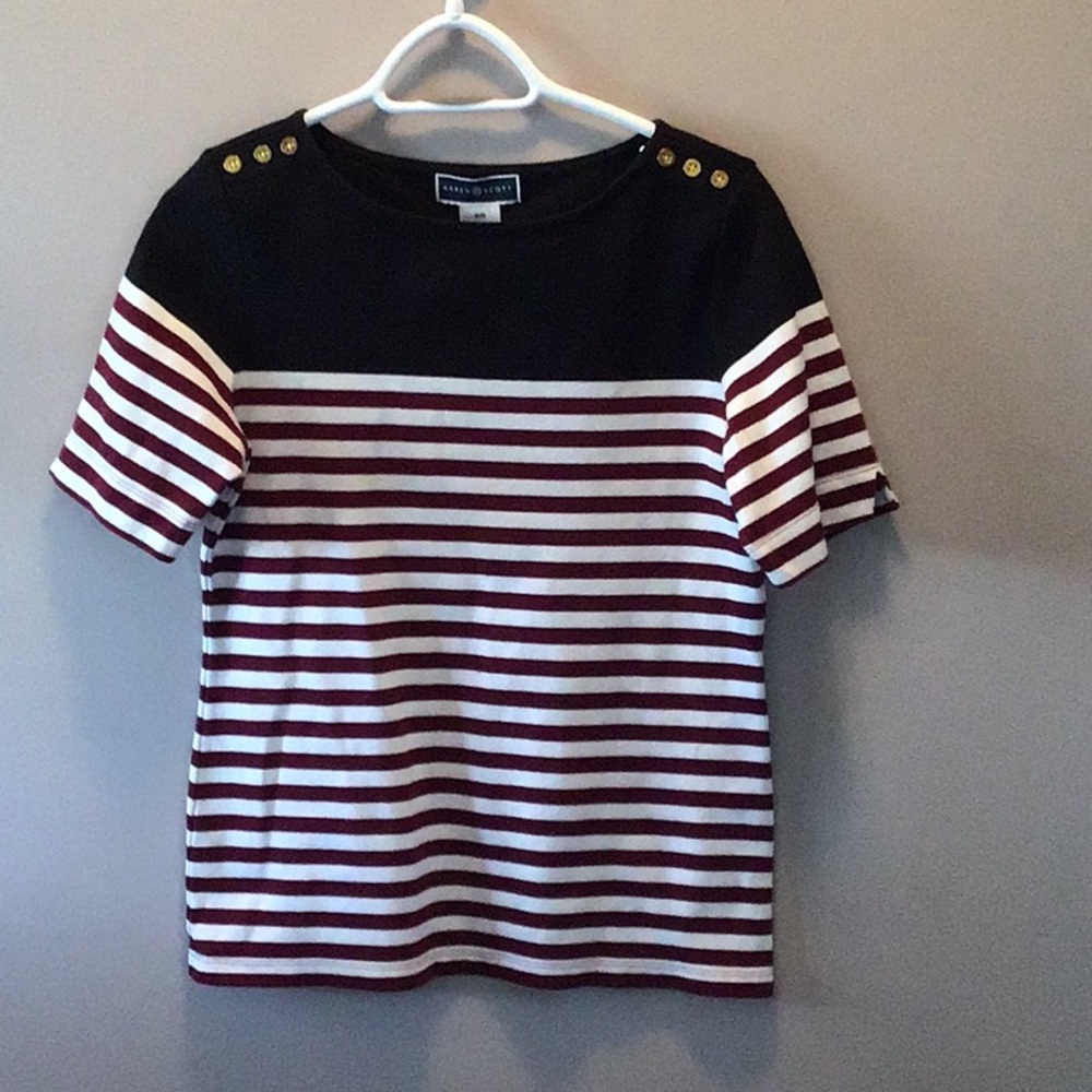 Karen Scott Black and Red Striped Short Sleeve Tee